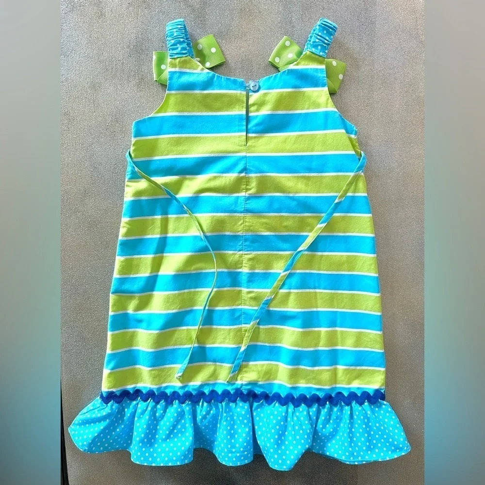 Youngland Girl Green & Blue Striped with PolkaDot Ruffles Butterfly Dress (1072)